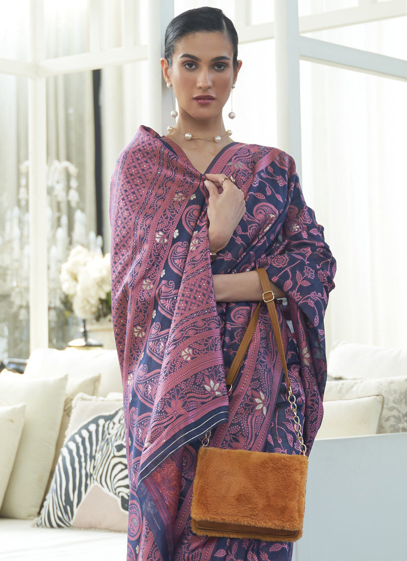 Midnight Blue Chikankari Weaving Saree