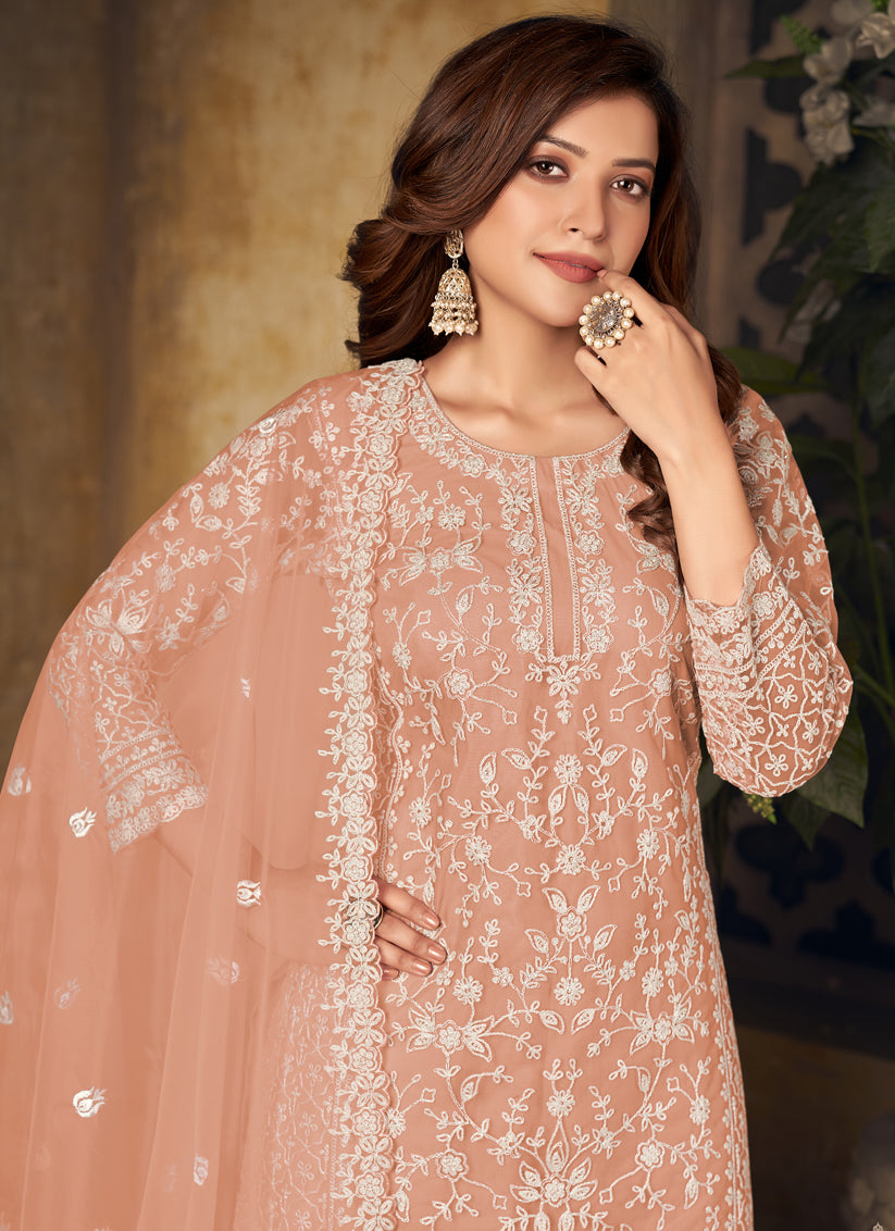 Peach Net Embroidered Designer Palazzo Kameez