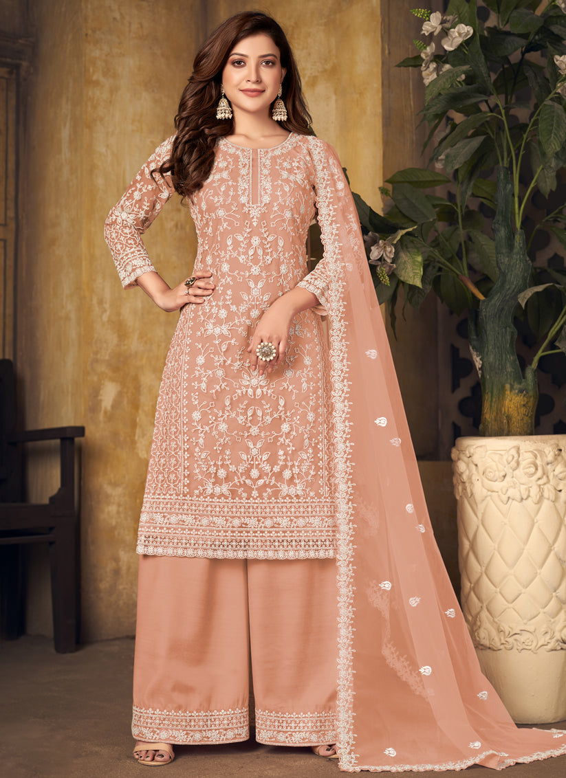Peach Net Embroidered Designer Palazzo Kameez