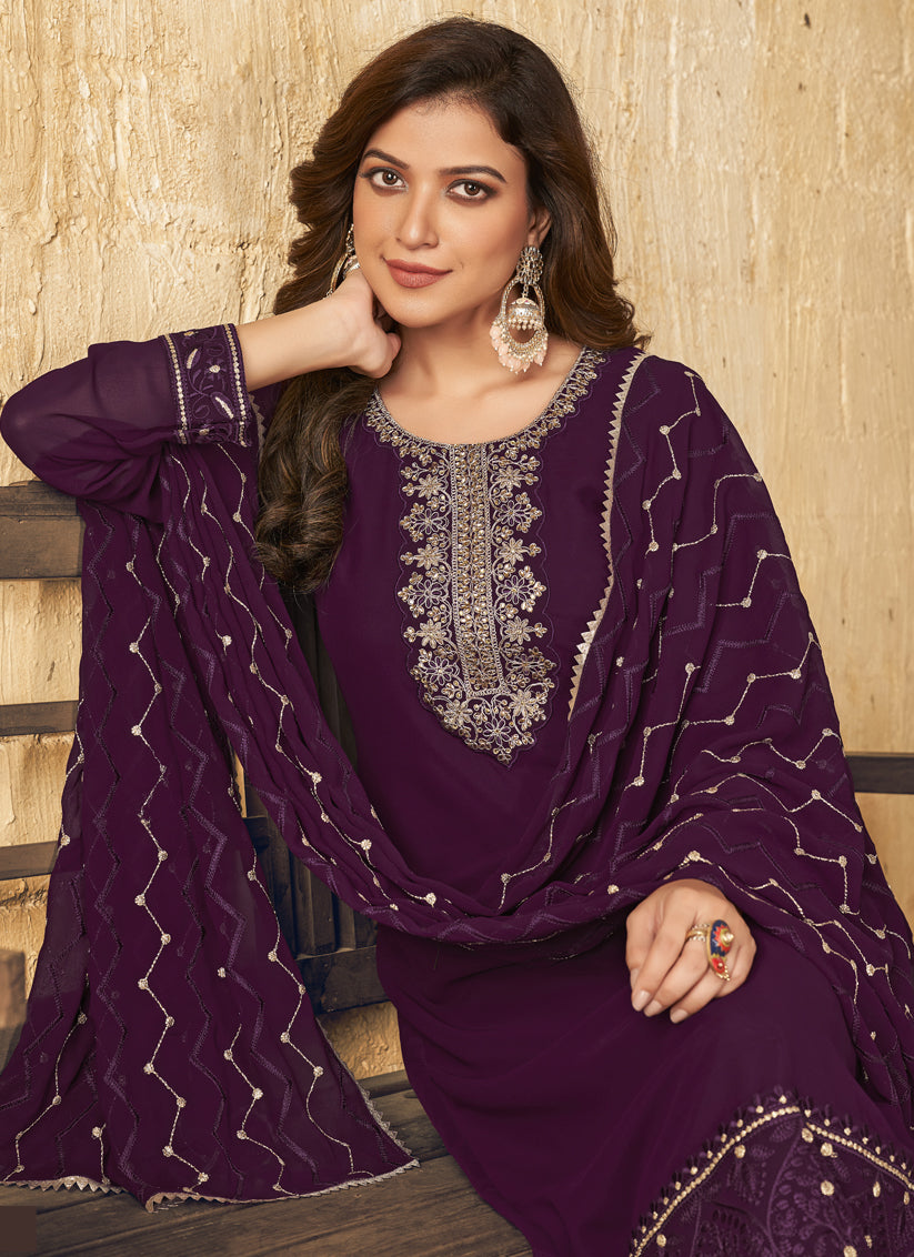Burgundy Georgette Embroidered Ready Made Pant Kameez