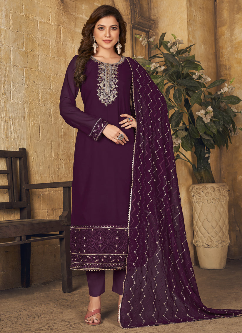 Burgundy Georgette Embroidered Ready Made Pant Kameez