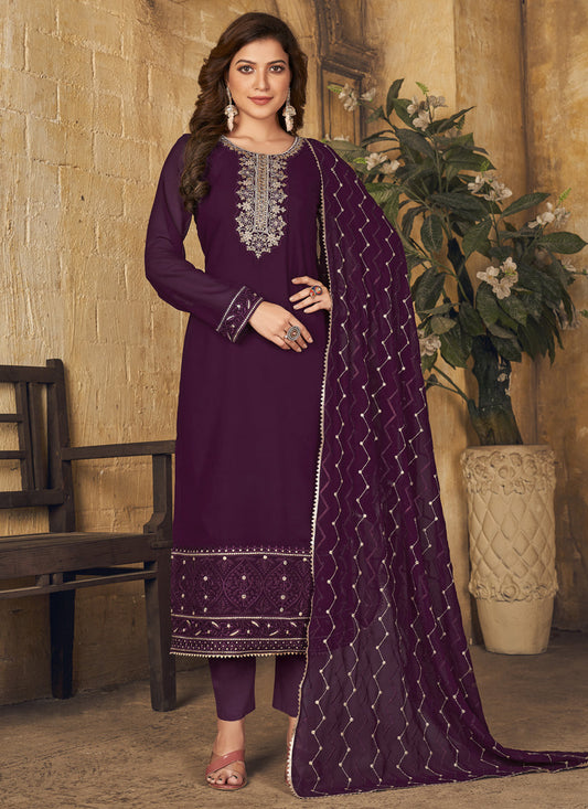 Burgundy Georgette Embroidered Ready Made Pant Kameez