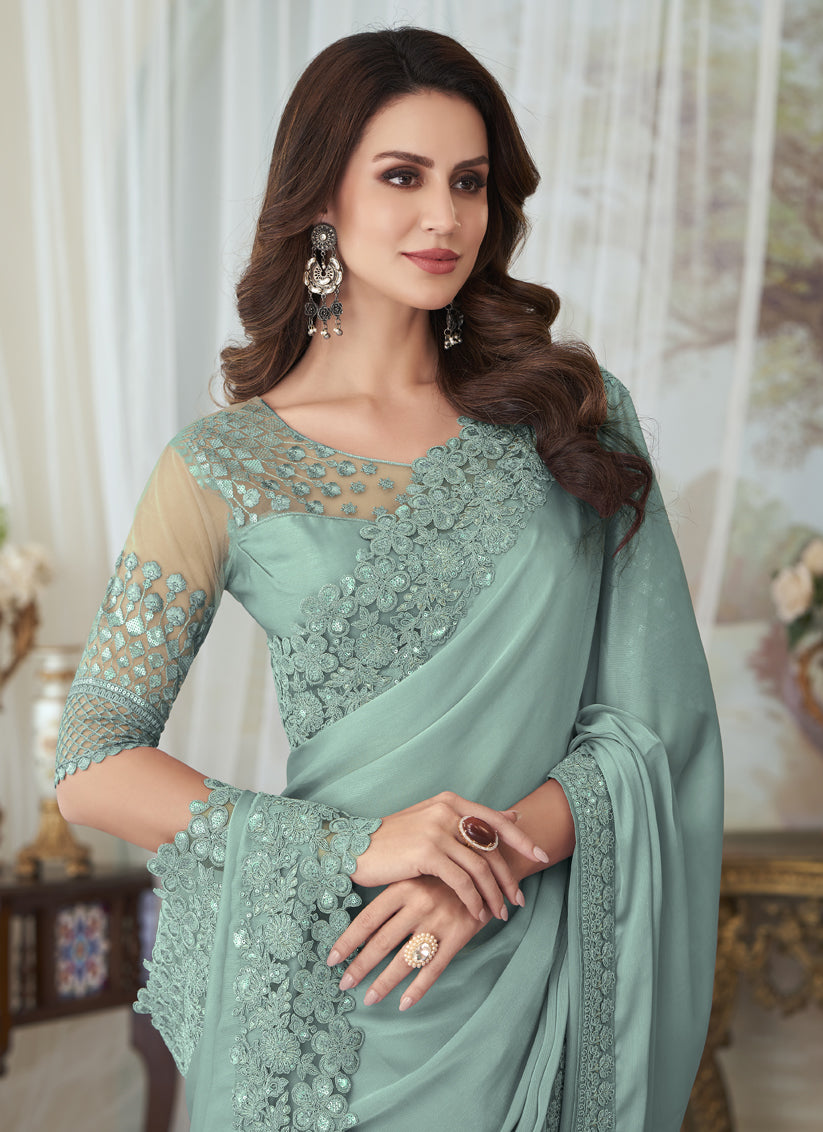Mint Grey Silk Embroidered Designer Saree