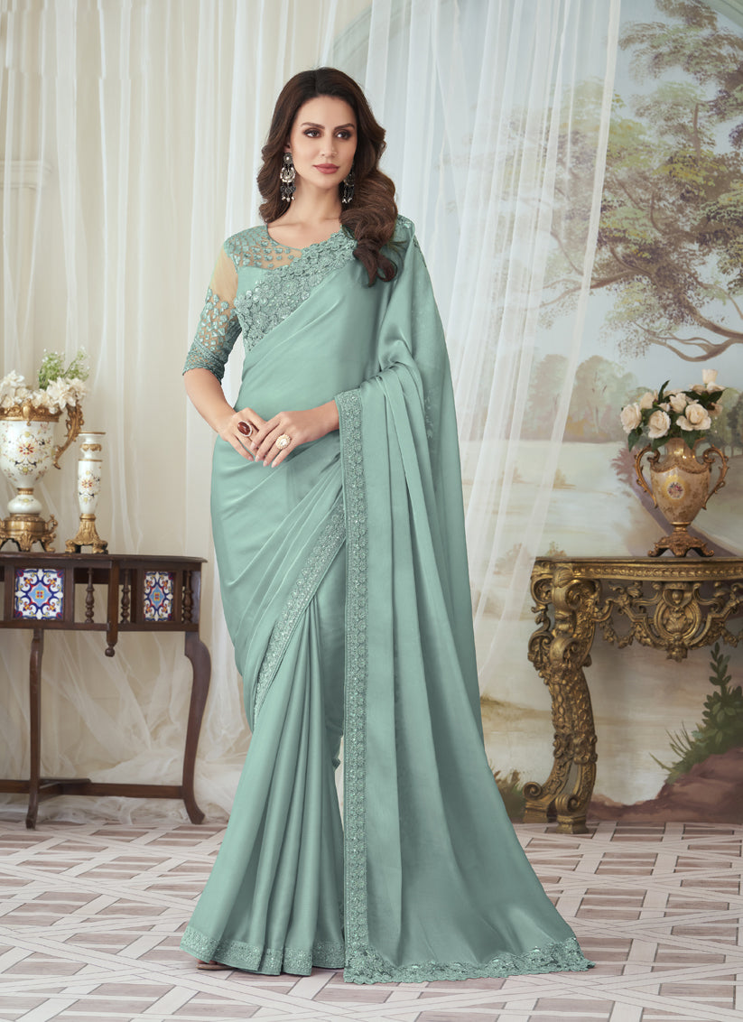 Mint Grey Silk Embroidered Designer Saree