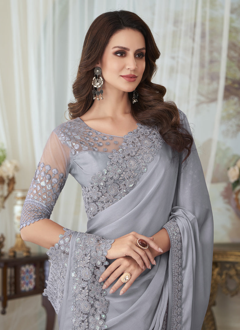 Grey Silk Embroidered Designer Saree