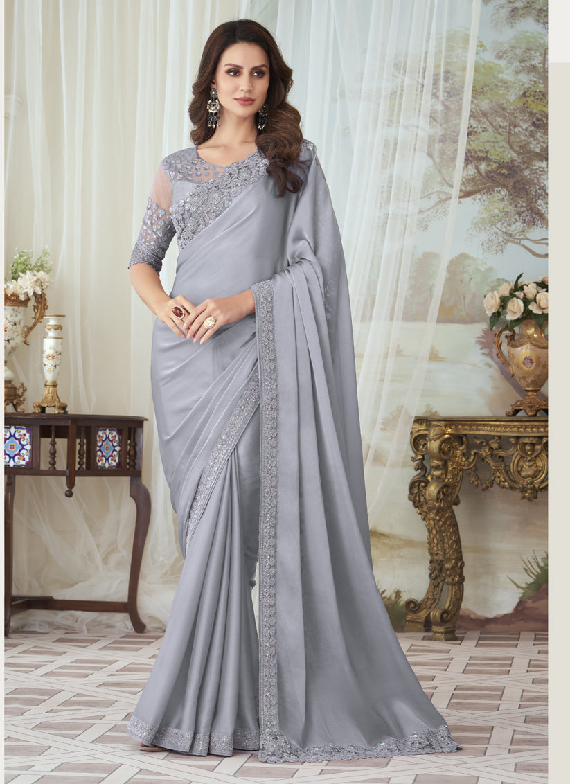 Grey Silk Embroidered Designer Saree
