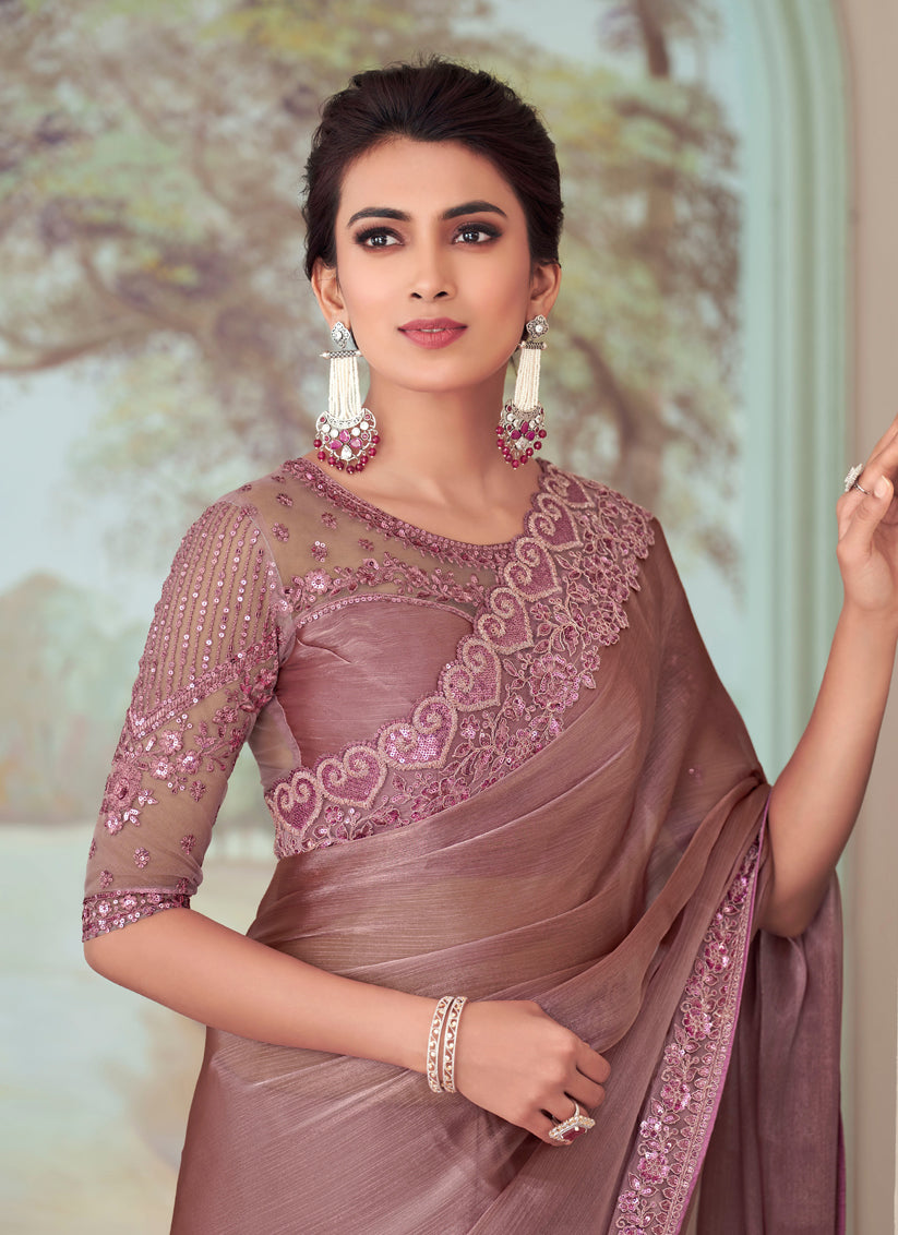 Mauve Silk Embroidered Designer Saree