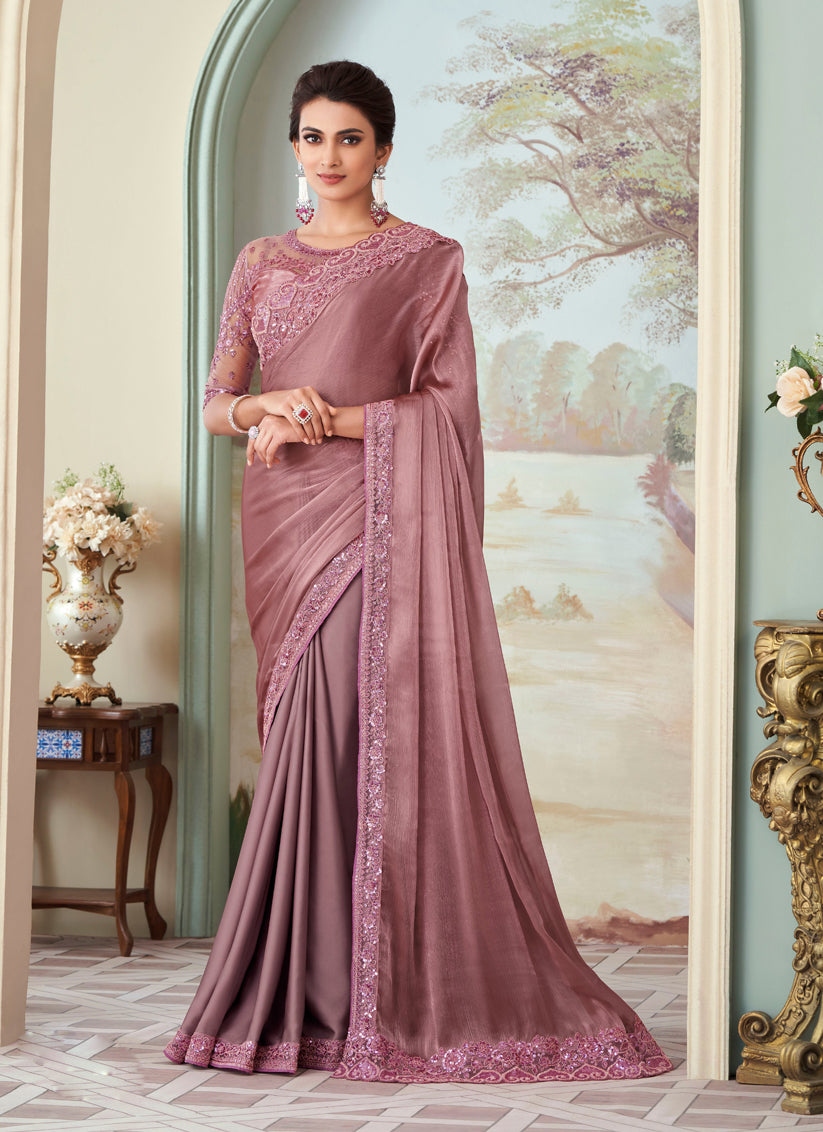 Mauve Silk Embroidered Designer Saree