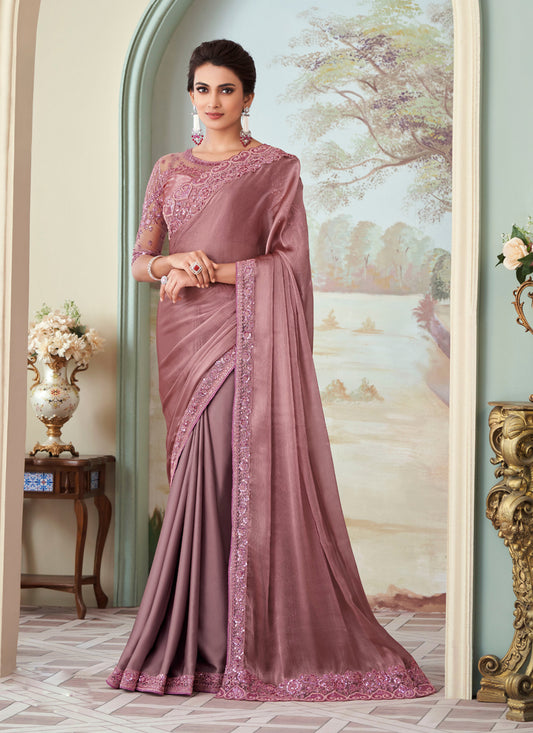 Mauve Silk Embroidered Designer Saree