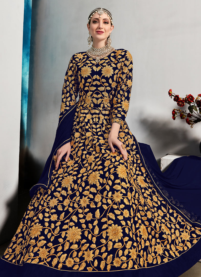 Navy Blue Georgette Embroidered Anarkali Suit