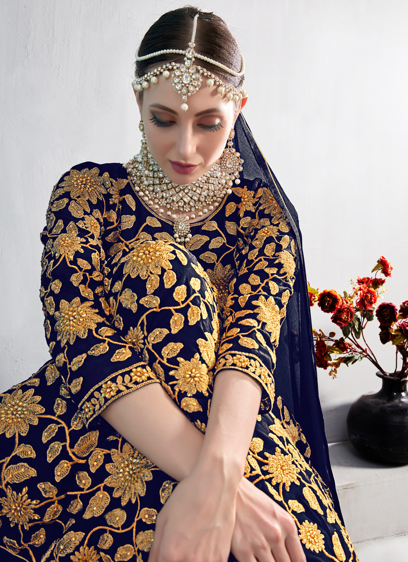 Navy Blue Georgette Embroidered Anarkali Suit