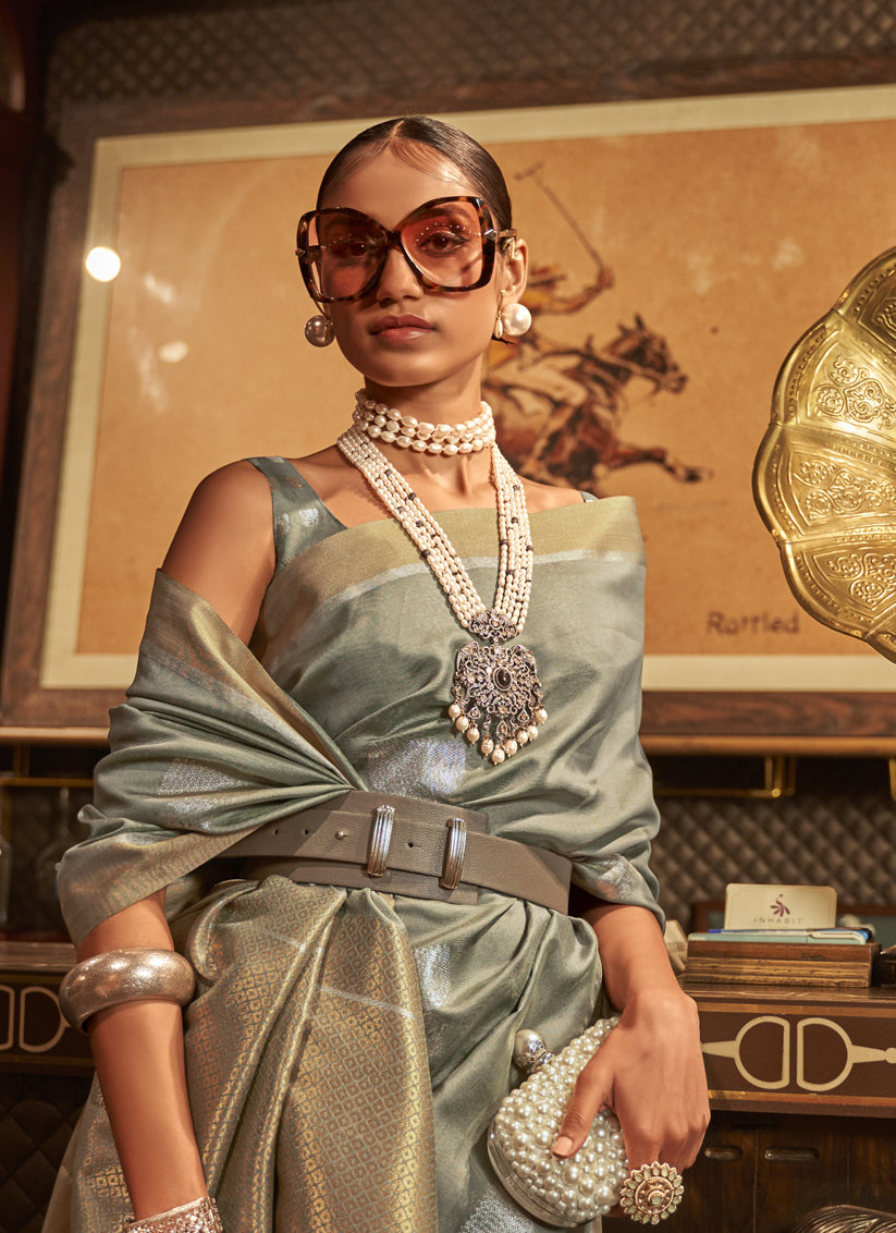 Teal Grey Handloom Silk Weaving Saree