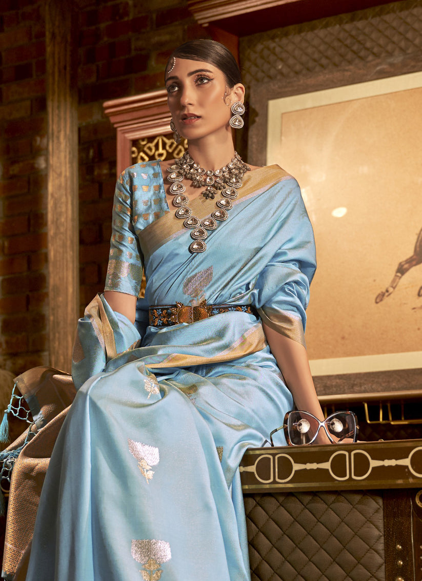 Sky Blue Handloom Silk Weaving Saree