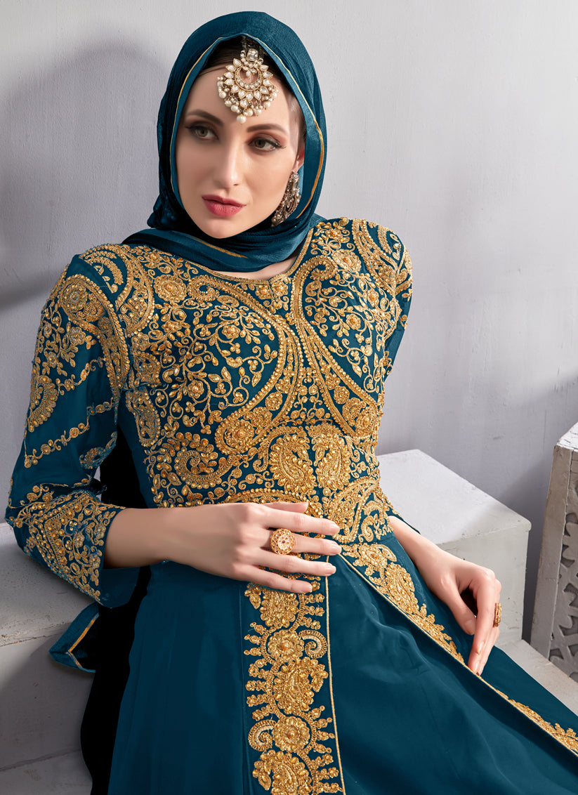 Blue Georgette Embroidered Pant Kameez Set