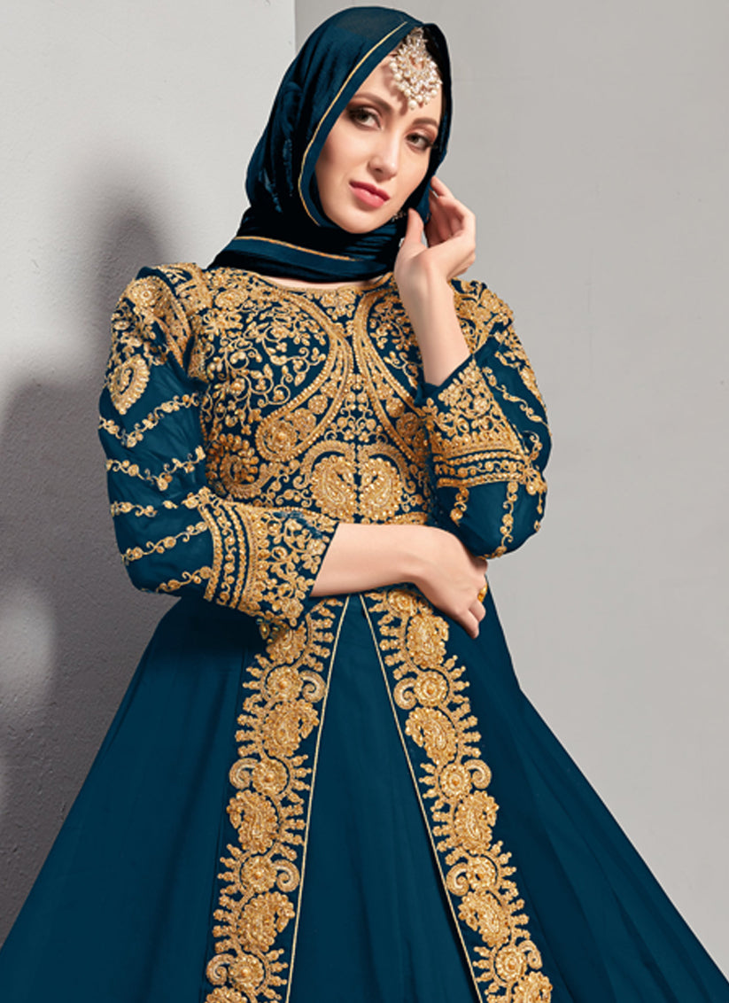 Blue Georgette Embroidered Pant Kameez Set