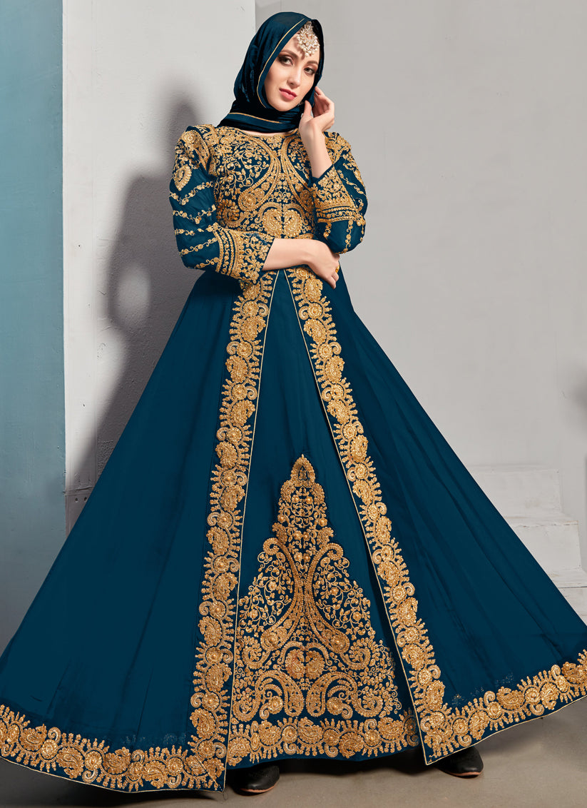 Blue Georgette Embroidered Pant Kameez Set