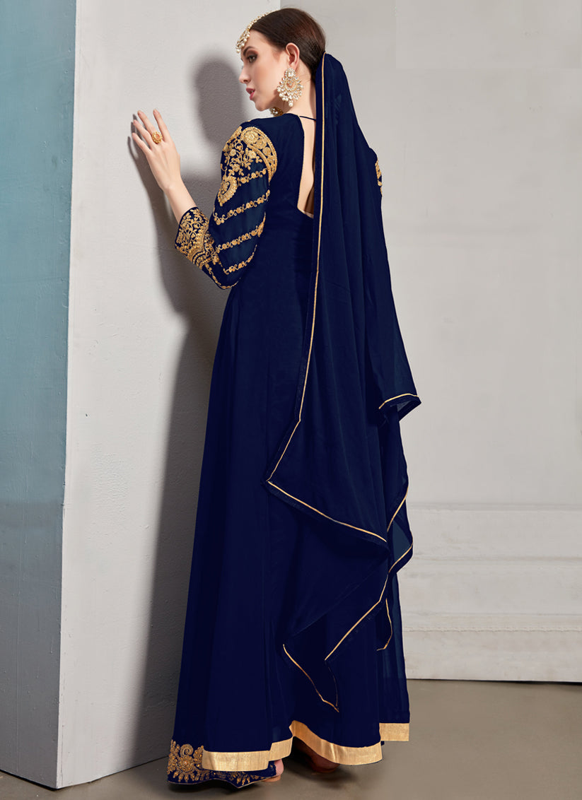 Navy Blue Georgette Embroidered Pant Kameez Set