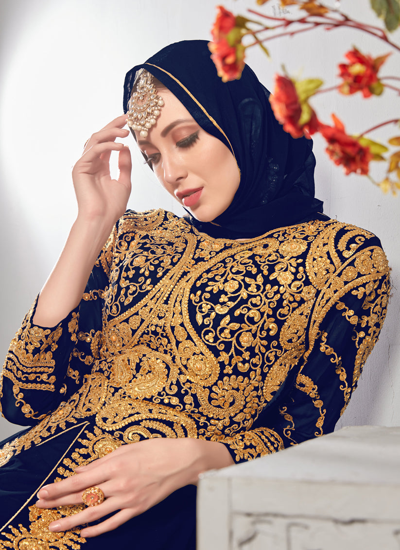 Navy Blue Georgette Embroidered Pant Kameez Set