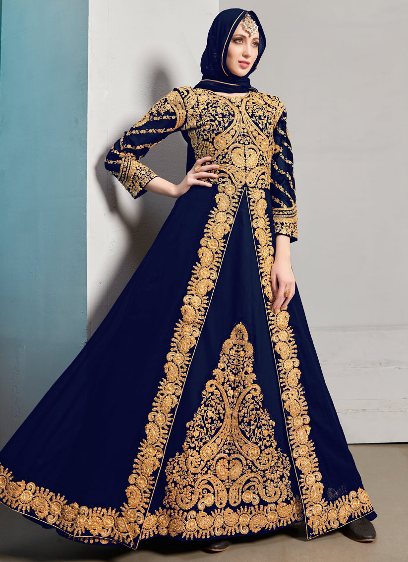 Navy Blue Georgette Embroidered Pant Kameez Set