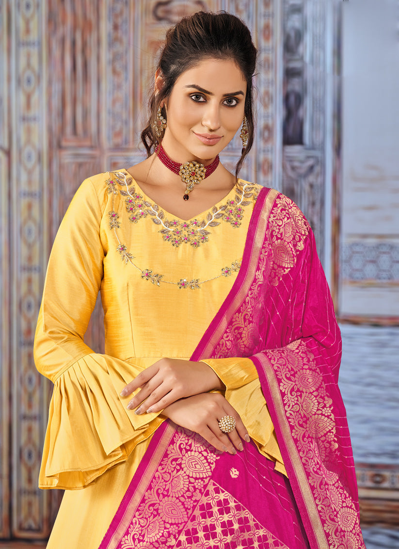 Yellow Silk Embroidered Ready Made Anarkali Dress