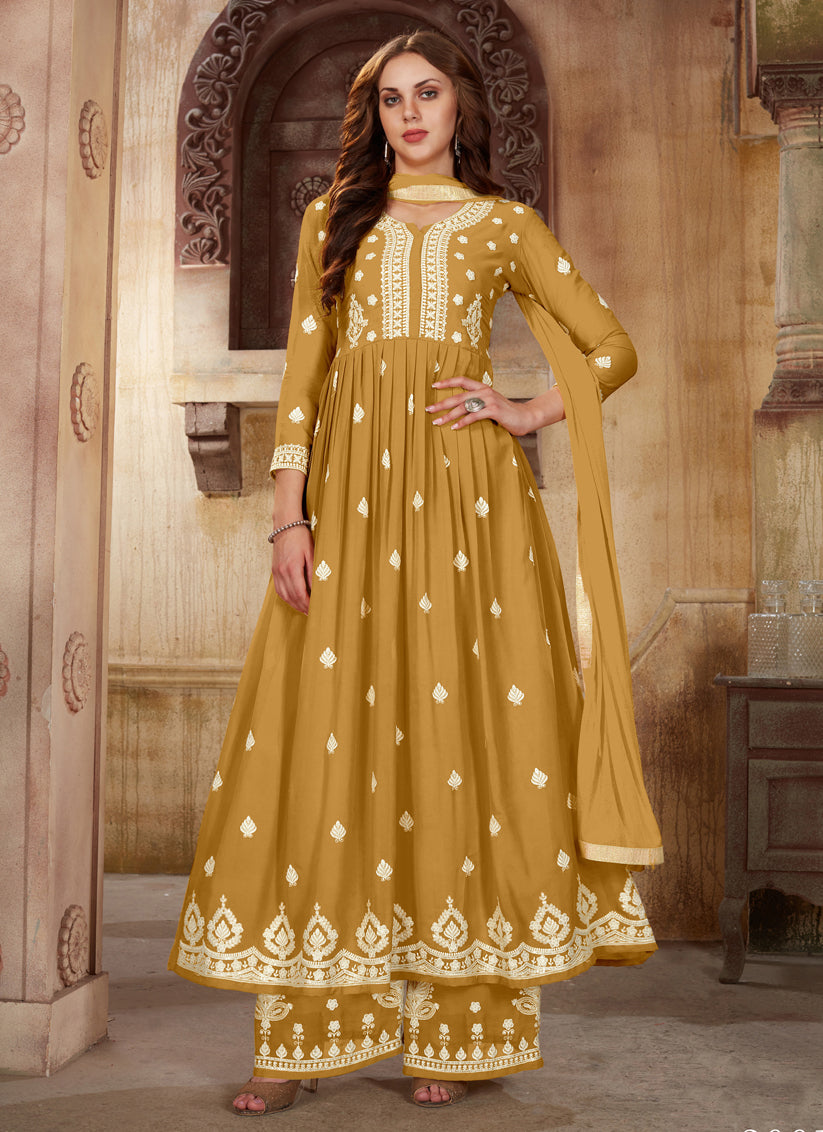 Fawn Faux Georgette Embroidered Ready Made Palazzo Kameez