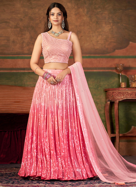 Salmon Pink Georgette Sequine Ready To Wear Lehenga Choli
