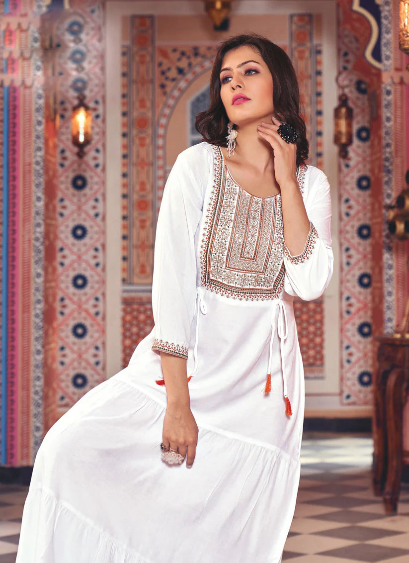 White Rayon Embroidered Ready Made Anarkali Style Kurti