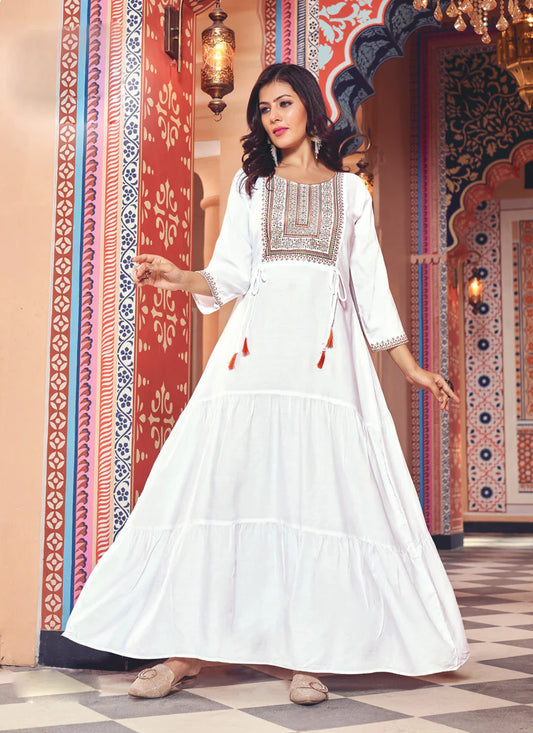 White Rayon Embroidered Ready Made Anarkali Style Kurti