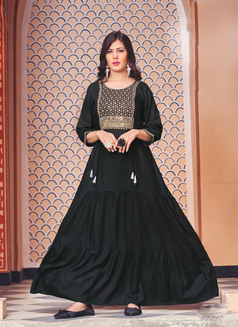 Black Rayon Embroidered Ready Made Anarkali Style Kurti