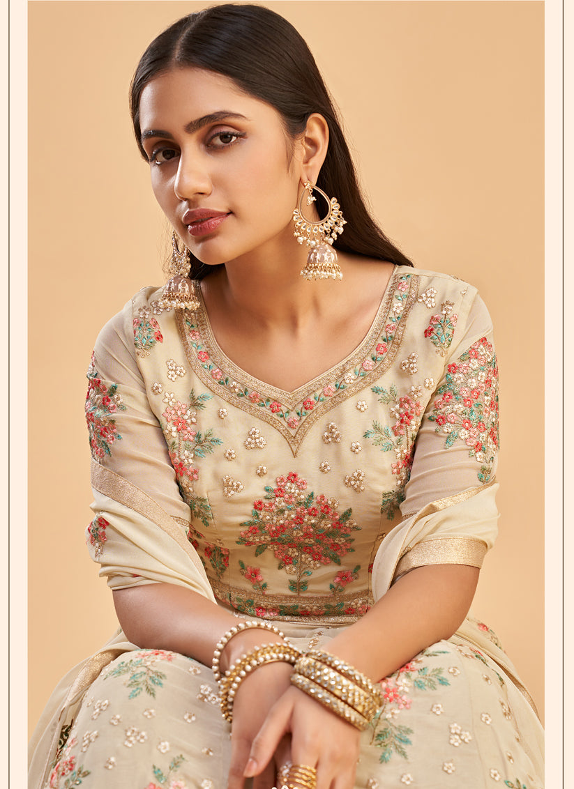 Dusty Yellow Georgette Embroidered Ready Made Anarkali Suit