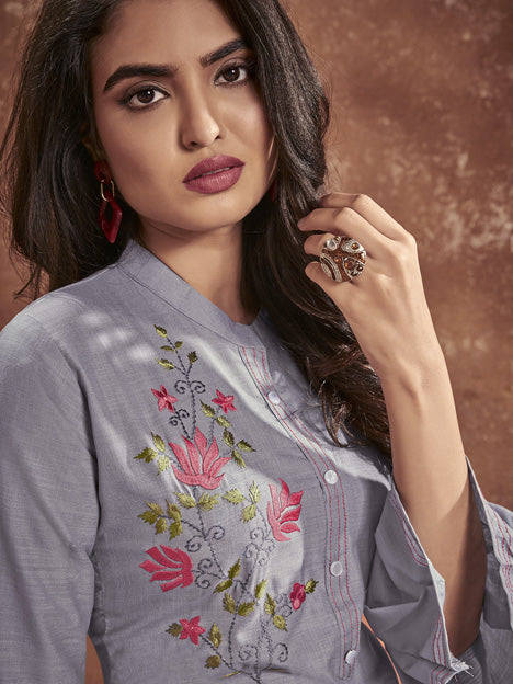 Grey Cotton Embroidered Kurti