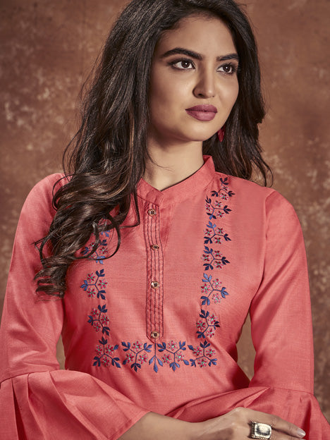 Coral Pink Cotton Embroidered Kurti