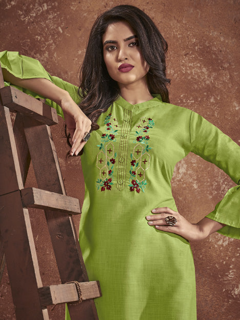 Parrot Green Cotton Embroidered Kurti