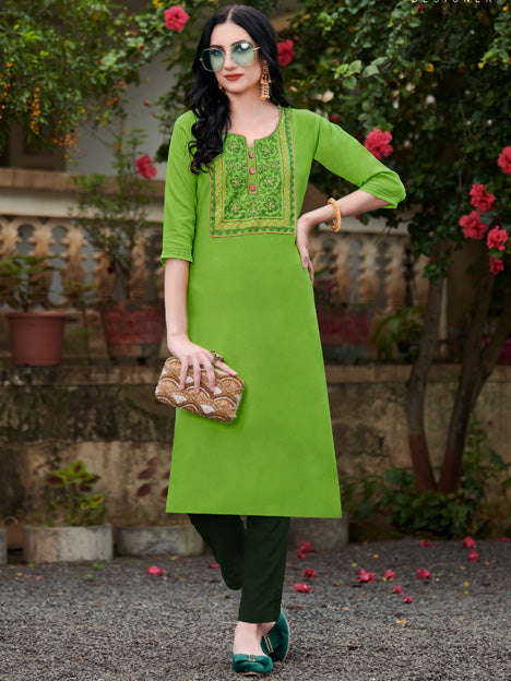 Parrot Green Cotton Embroidered Kurti