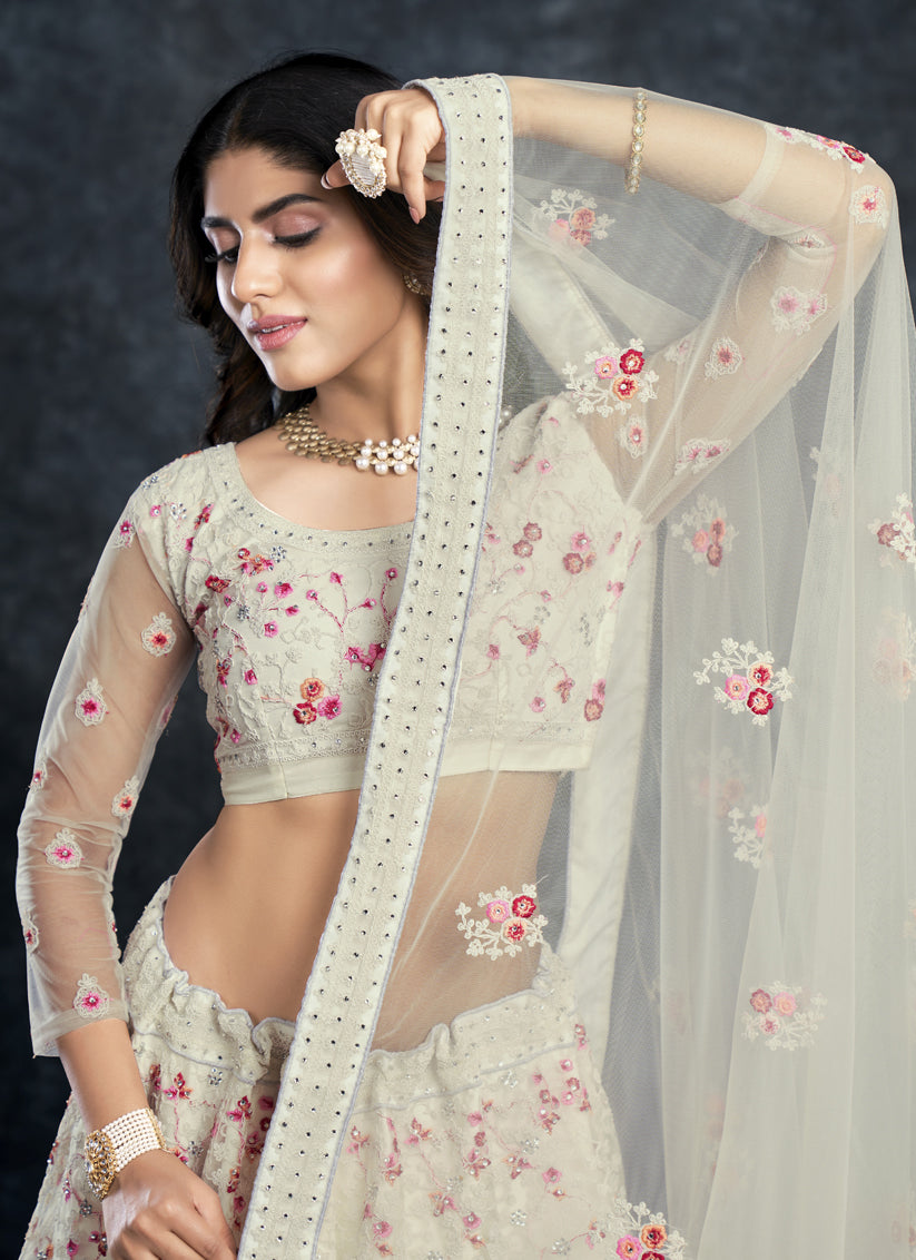 Ivory Silk Embroidered Designer Lehenga Choli