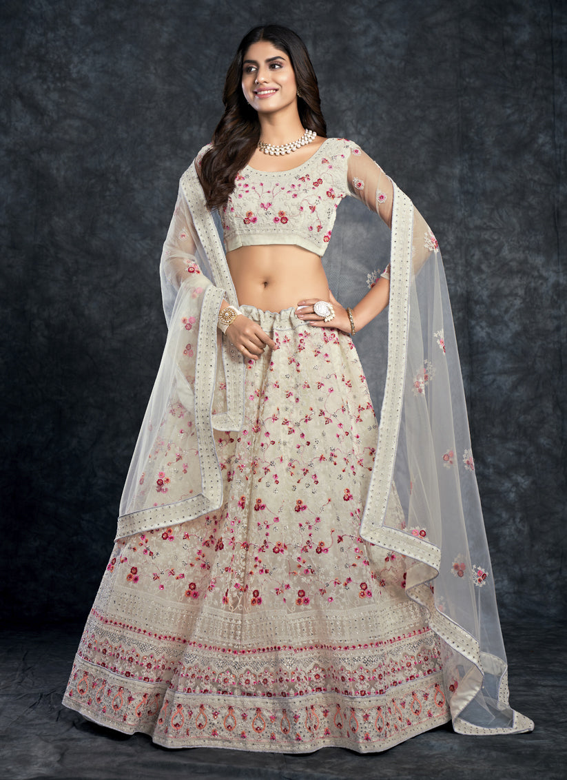 Ivory Silk Embroidered Designer Lehenga Choli
