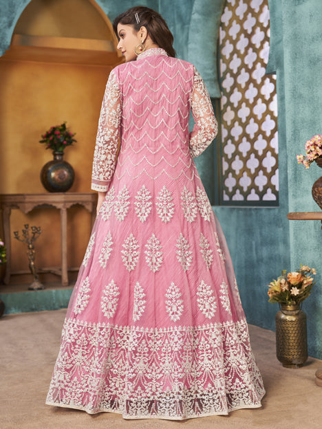 Rose Pink Net Embroidered Designer Pant Kameez