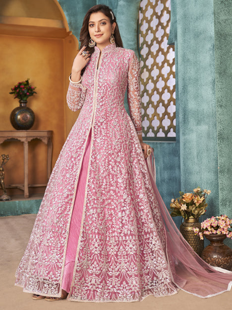 Rose Pink Net Embroidered Designer Pant Kameez