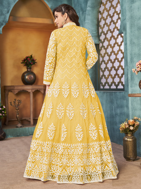 Pastel Yellow Net Embroidered Designer Pant Kameez