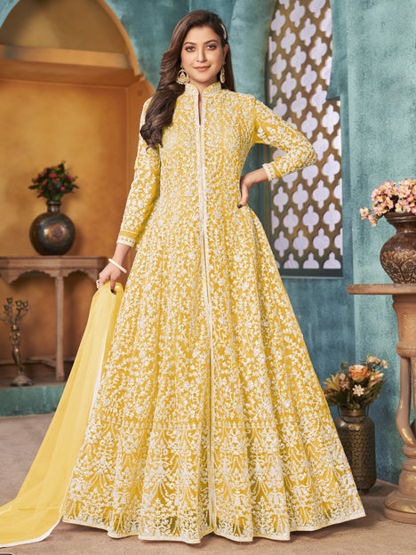 Pastel Yellow Net Embroidered Designer Pant Kameez