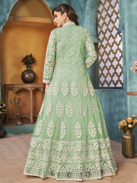 Mint Green Net Embroidered Designer Pant Kameez