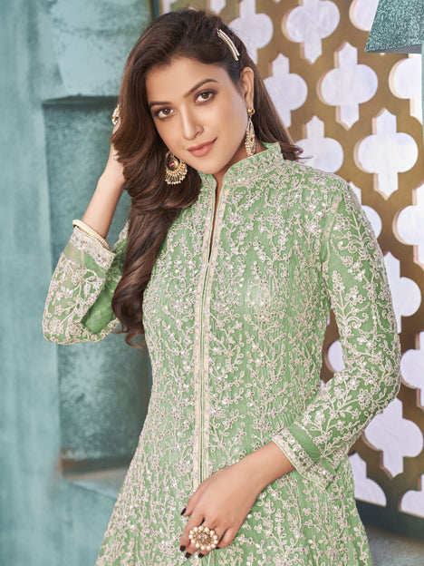 Mint Green Net Embroidered Designer Pant Kameez