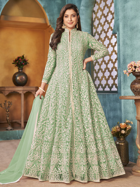 Mint Green Net Embroidered Designer Pant Kameez