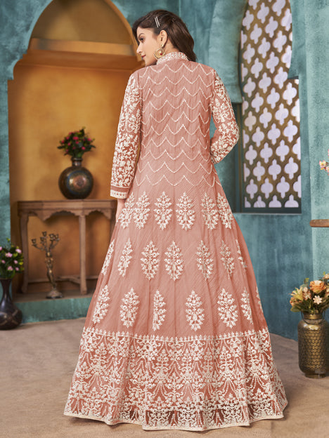 Peach Net Embroidered Designer Pant Kameez