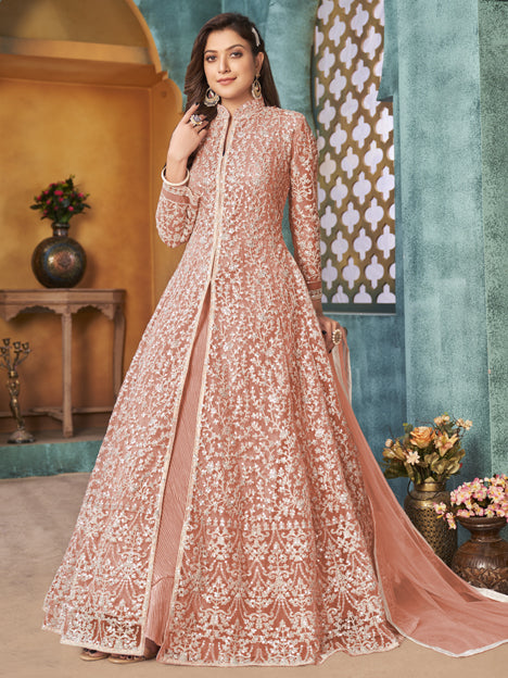 Peach Net Embroidered Designer Pant Kameez