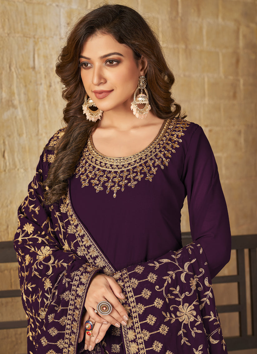 Burgundy Faux Georgette Embroidered Anarkali Suit