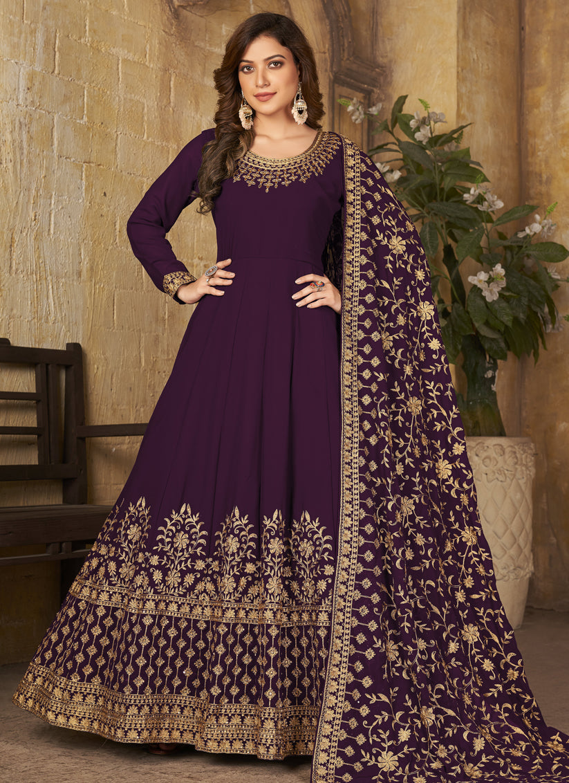 Burgundy Faux Georgette Embroidered Anarkali Suit