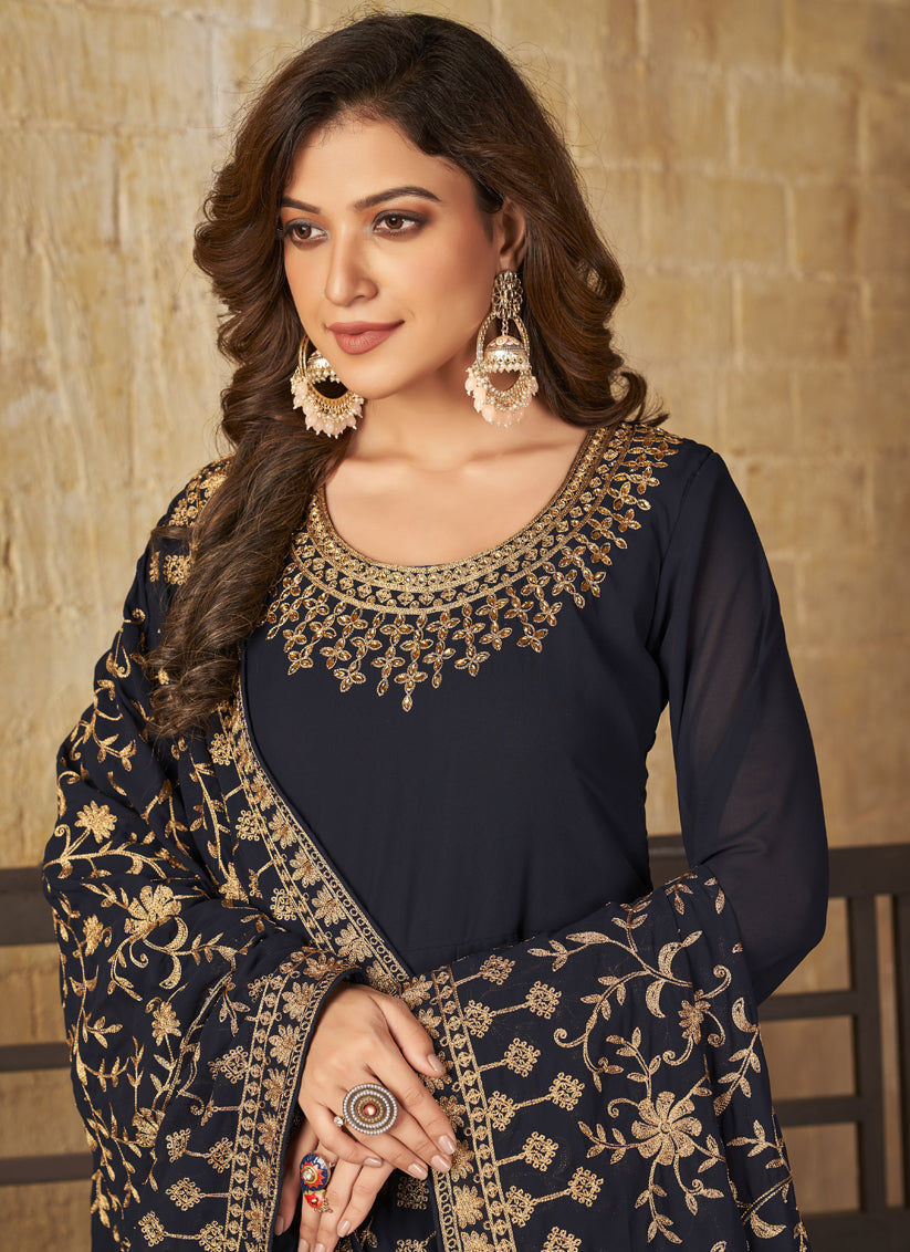 Midnight Blue Faux Georgette Embroidered Anarkali Suit
