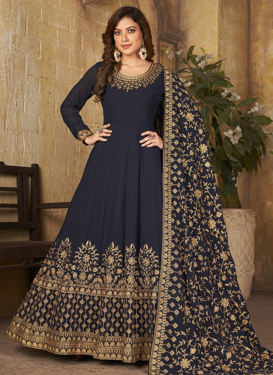 Midnight Blue Faux Georgette Embroidered Anarkali Suit