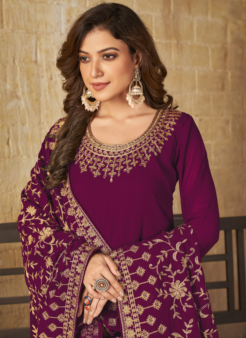 Wine Faux Georgette Embroidered Anarkali Suit